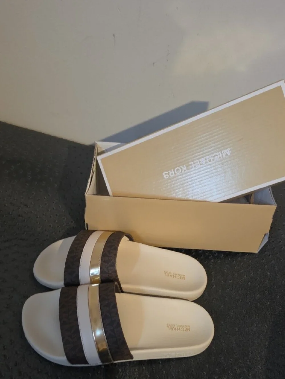 Michael Kors Brown, White and Gold Logo-Trim Slide Sandals